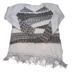 Sweater Womens Large Knit Cotton Fringe Asymmetrical Boho Tribal Hippie Top